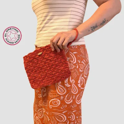 El Yapımı Desenli Kağıt İp  Clutch Çanta 19cm - Kırmızı