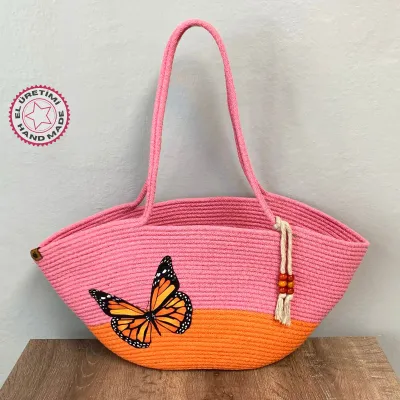 El Yapımı Tress İp Plaj Çanta 23cm - Pembe 